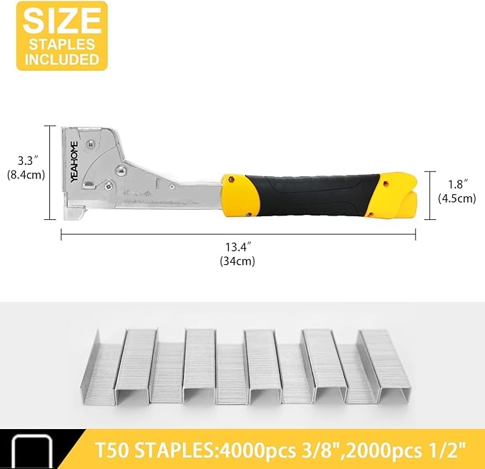 YEAHOME Heavy Duty Hammer Tacker with 6000 T50 Staples of 1/2, 3/8 inches, Steel Construction Manual Hammer Stapler with Anti-jam Magazine for Construction, Roofing, House Wrap, Insulation,Floor
