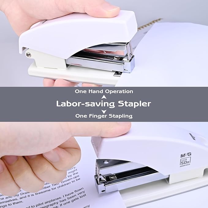 M&G Desk Effortless Stapler with 2000 Staples, 50 Sheets Capacity Heavy Duty Office Staplers, Jam Free, One Finger Touch Stapling Ergonomic Stapler for School Home Office Supplies (White)