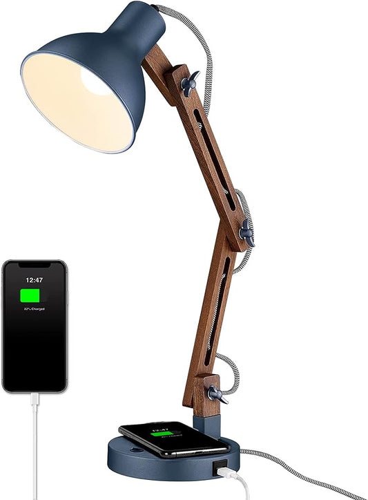 ELYONA Sapele Wood Desk Lamp with Upgraded Wireless Charger, Swing Arm Table Lamp with USB C Charging Port, Reading Task Light for Bedroom, Dorm, Office, Living Room, LED Bulb Include, Modern Blue