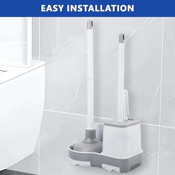GENERIC Toilet Brush and Plunger Set, Integrated Storage 3-in-1 Toilet Brush and Plunger Combo with Gap Cleaning Brush, Bathroom Multi-Purpose Cleaning Set (White Gray)