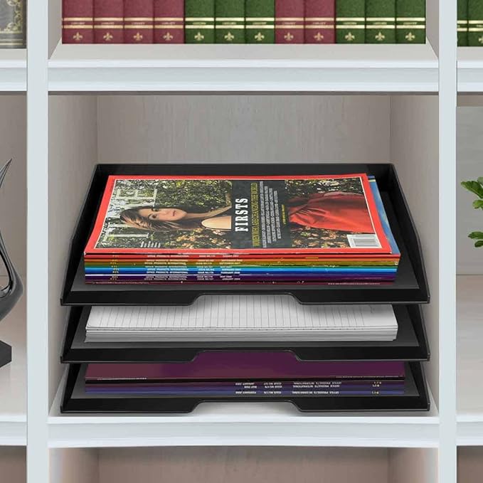 Acrimet Stackable Letter Tray 3 Tier Side Load, Plastic, Desktop File Organizer (Black Color)