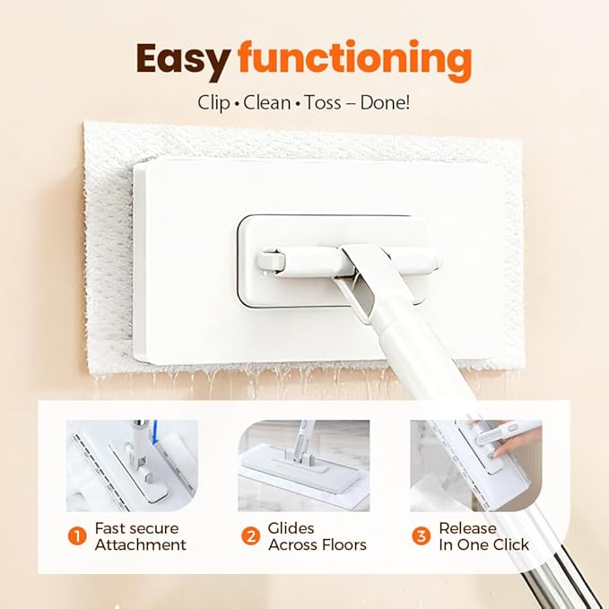 Snap Grip Mini Mop,Mini Sweeper Mop No-Touch Dirty Cleaning Flat Dust Mop for Dry Wet Disposable Pads,Corners Wall Multi Surface Cleaning (White 6.3x40 inch)