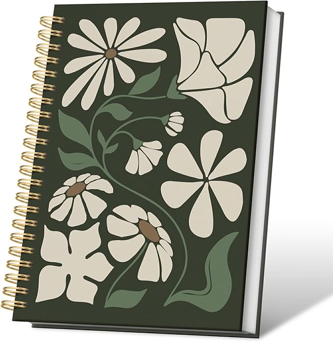 VONTP Boho Abstract Floral Spiral Notebook, Green Flower Aesthetic Journal, Boho Office Supplies, Abstract Botanical Floral College Ruled Notebook Journal for Writing, 5.5x8.3