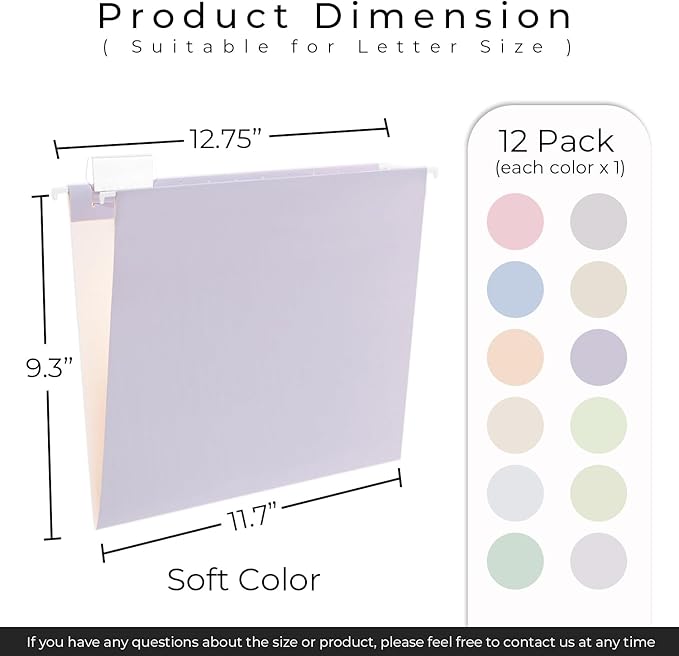 Y YOMA 12 Pack Colored Hanging File Folders Letter Size Decorative Hanging Folder Cute Pretty File Folderfor Filing Cabinet Drawer Office Home with 1/5-Cut Adjustable Tabs, Soft Color