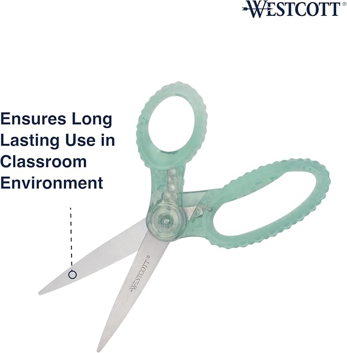 Westcott GEM Crystal-Design 7-Inch Pointed Student Scissors for Ages 12+, Classroom Essential with Comfortable Grip, Ideal for Left or Right Hand, Back to School, School Supplies, Green