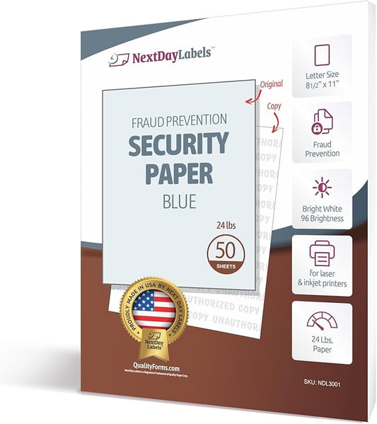NextDayLabels Blue Security Paper – Multi-Purpose – UNAUTHORIZED COPY – Fraud Prevention – Laser & Inkjet Printer Compatible – 8.5" x 11“ – 24 lb – 50 Sheets