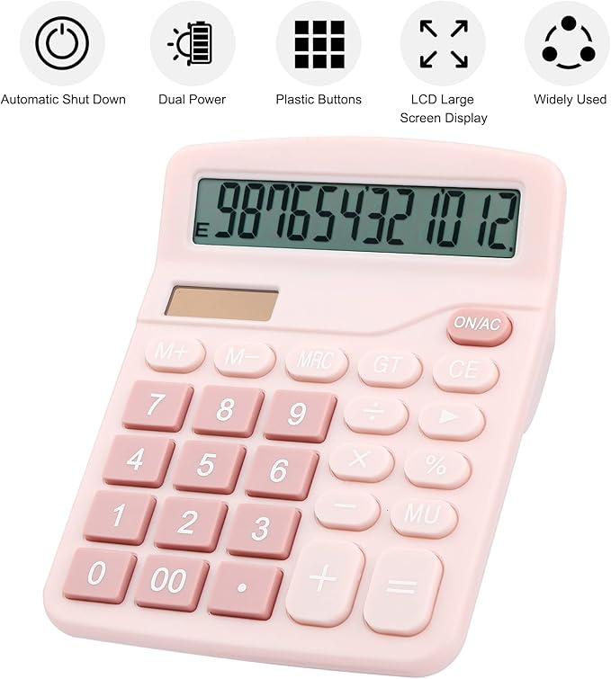 Desk Calculator, Envysun 12-Digit LCD Display Office Calculator – Dual Power, Compact and Lightweight, Easy-to-Read Display, Durable for Business, School, and Home (Pink)