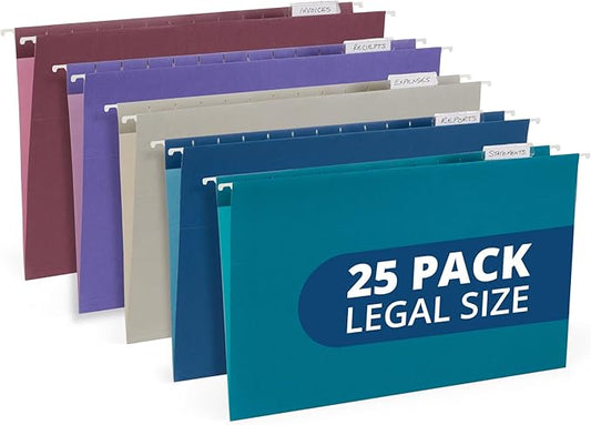 25 Blue Summit Supplies Colored Hanging File Folders Legal Size, 9.5" x 14.75", Legal Size Hanging File Folders for Filing Cabinet with Plastic Tabs and Inserts, Assorted Jewel Tone Colors, 11pt Paper