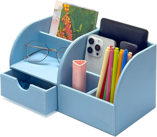UnionBasic Desk Organizer - Multifunctional Leather Desktop Pen Holder Storage Box - Business Card/Pen/Pencil/Mobile Phone/Stationery Holder, Blue