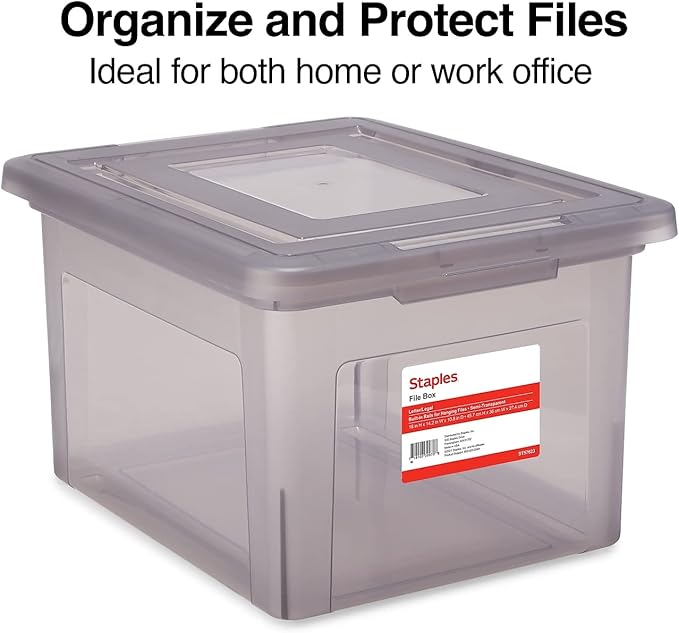 STAPLES Hanging File Folder Box, Storage Bin Organizer, Snap Lid, Letter & Legal Size Documents, Frost Gray