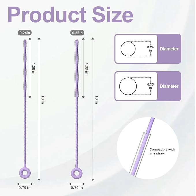 YOTIME Silicone Straw Cleaner Brush, 2 Pcs Reusable Straw Brush(6mm+9mm) for Cleaning Narrow & Wide Straws, Tumblers, Purple