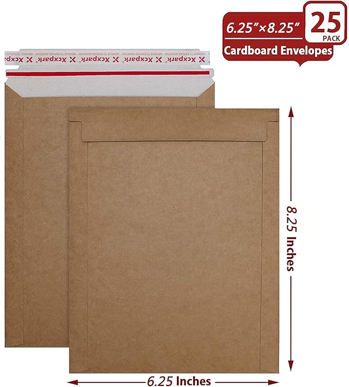 25 Pack Brown Kraft Rigid Mailers, 6.25 x 8.25 inches Self Seal Photo Document Mailers Premium Cardboard Keep Flat Envelopes for Photos, Pictures, Papers, Files, CD