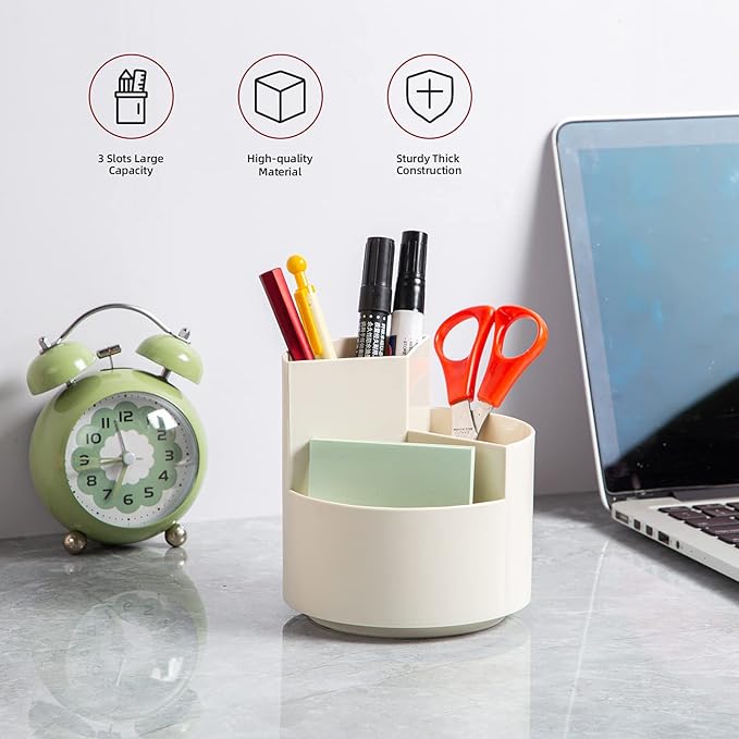 Desk Pencil Pen Holder, 3 Slots 360-Degree Spinning Organizers, Desktop Storage Stationery Supplies, Cute Cup Pot for Office, School, Art Supply, Kids - White