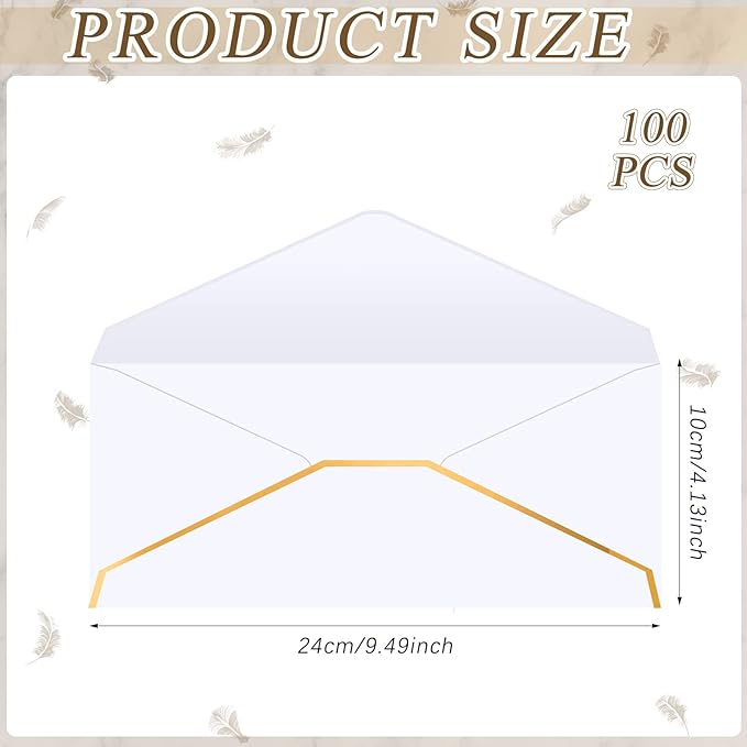 Ireer 100 Pcs #10 White Business Envelopes Letter Size with Gold Border 9.45 x 4.13 Inch Self Seal Decorative Gift Envelopes for Cards Letters Invitation Office Wedding Birthday Supplies