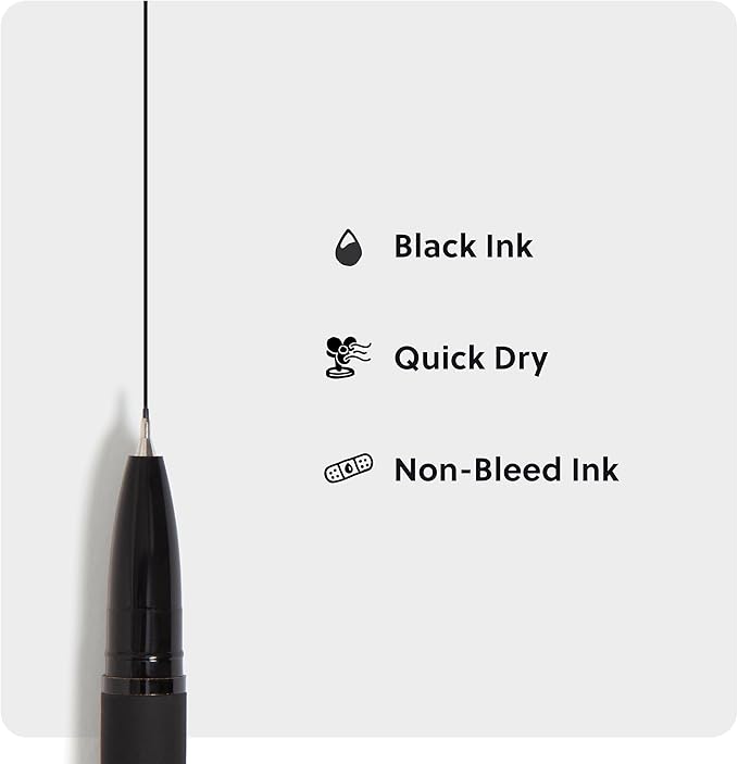 U Brands Catalina Felt Tip Pens, Pen Set of 6 Black Ink Pens, Soft Touch Midnight Black, Medium (0.7 mm) Point