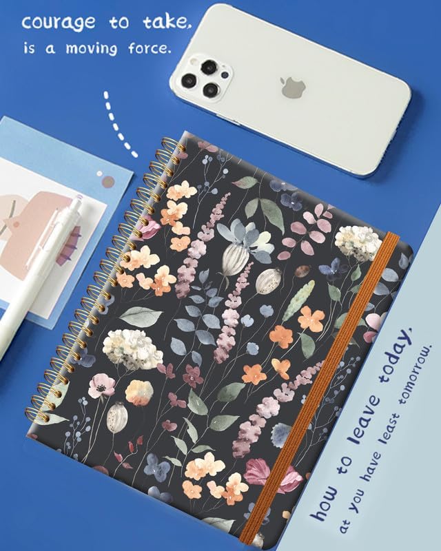 Ruled Spiral Writing Notebook,A5 Hardcover Lined College Journal for Women Lady Girl,Strong Twin-Wire Binding with Premium Paper,8.4" X 6",Perfect for School,Office,Home Gifts(Beigo Spring Flower)