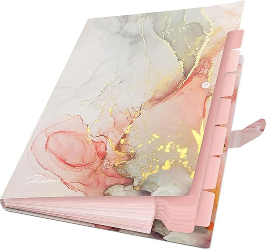 Expanding File Folder, Folders for Important Documents Organizer, Accordion File Organizer, Aesthetic Folders for School Students, 8 Pockets File Folder for Home Bills (White Gold Marble)