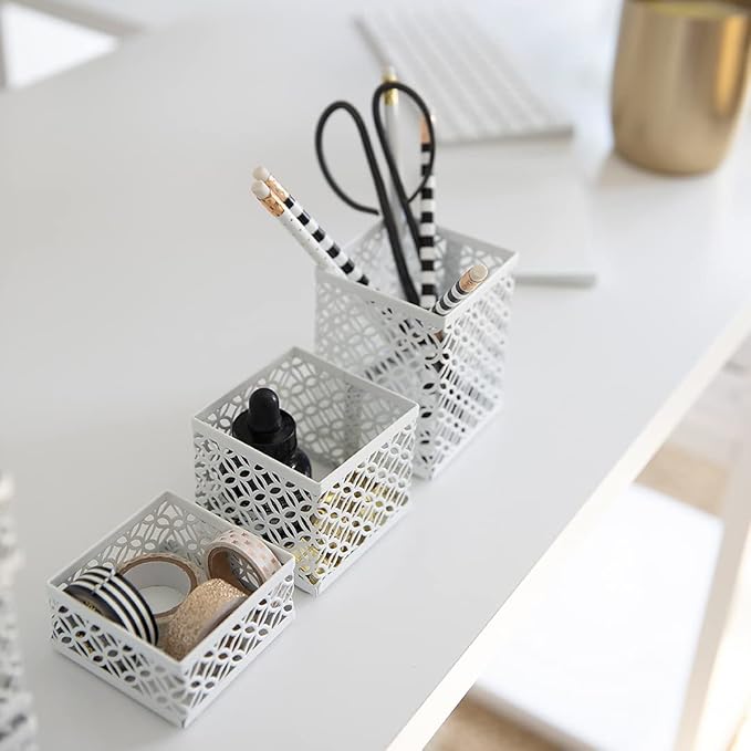 BLU MONACO White Desk Organizer Set for Women – 6-Piece Interlocking Office Supplies Set, Pen Cup, 3 Accessory Trays & 2 Letter Trays, White Paper Tray Holder