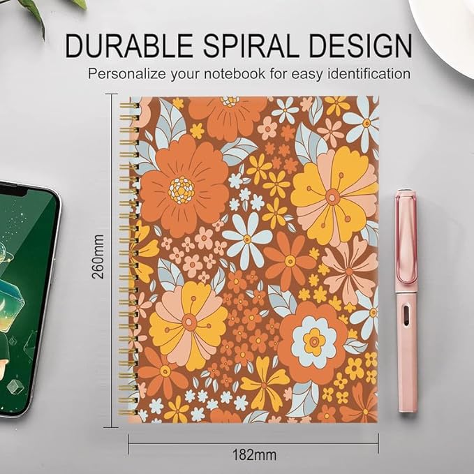 Spiral Journal Notebook for Women,A5 College Ruled Notebooks 6"x 8.4", 120 Pages (60 Sheets) Lined Journal with Premium Thick Paper,Perfect for School Office Home(Retro Floral)