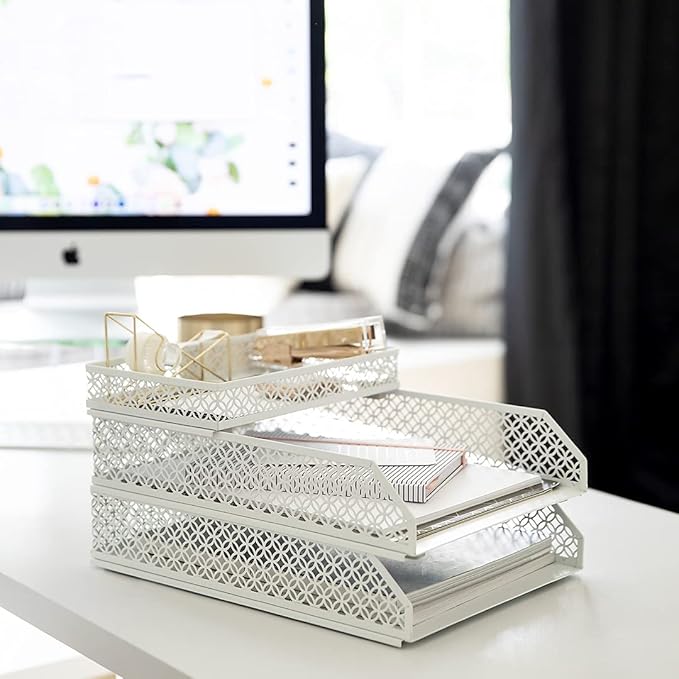 BLU MONACO White Desk Organizer Set for Women – 6-Piece Interlocking Office Supplies Set, Pen Cup, 3 Accessory Trays & 2 Letter Trays, White Paper Tray Holder