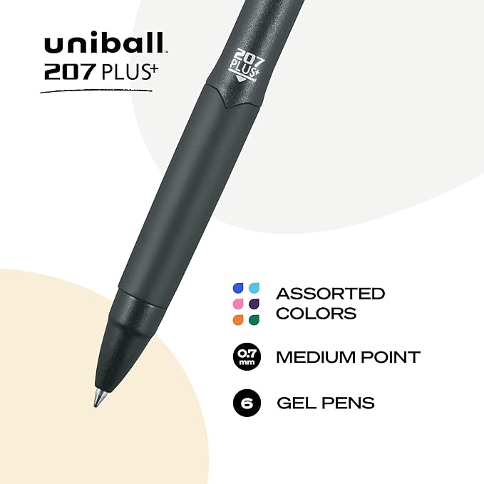 uni-ball 207 Plus+ Retractable Gel Pens 6 Pack in Assorted Colors with 0.7mm Medium Point Pen Tips - Uni-Super Ink+ is Smooth, Vibrant, and Protects Against Water, Fading, and Fraud
