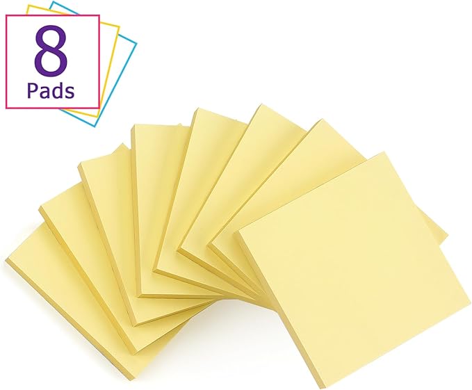 Sticky Notes 3x3 Self-Stick Notes Bright Colors Sticky Notes 8 Pads 80 Sheet/Pad (Yellow)