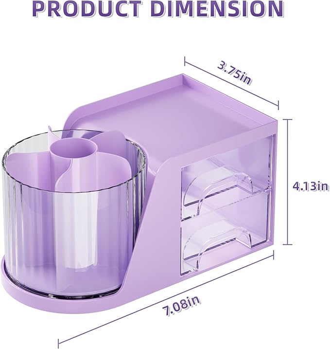 Marbrasse Desk Organizer with 2 Drawer, 360°Rotating Pen Holder, Desk Organizers and Accessories with 6 Slots Pencil Holder + 2 Drawer, Art Supply Storage Box Caddy for Office (Purple)