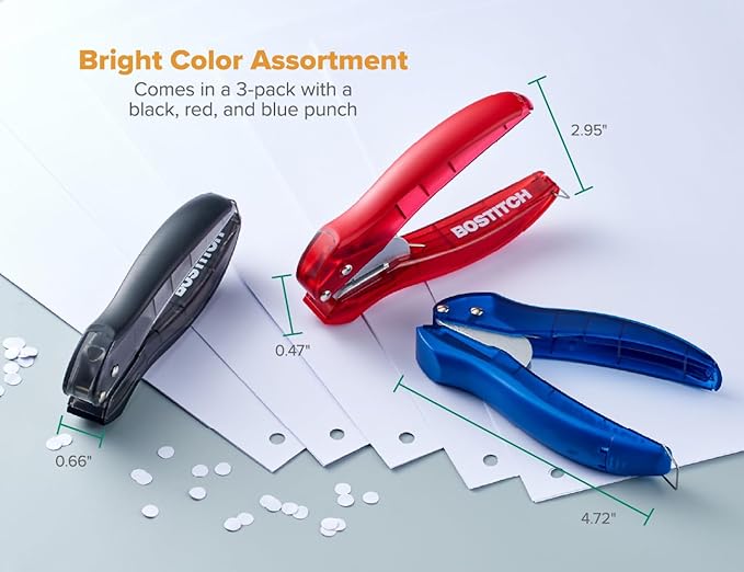 Bostitch EZ Squeeze Hole Punch - 3-Pack, Single Hole Punch 10 Sheet Capacity, Ideal for Kids and Adults, Black, Red and Blue