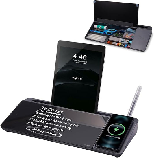 Small Glass Desktop Whiteboard Dry-Erase-Board - Computer Keyboard Stand with Wireless Charger White Board Surface Pad with Drawer, Desk Organizers with Accessories for Office, Home, School Supplies