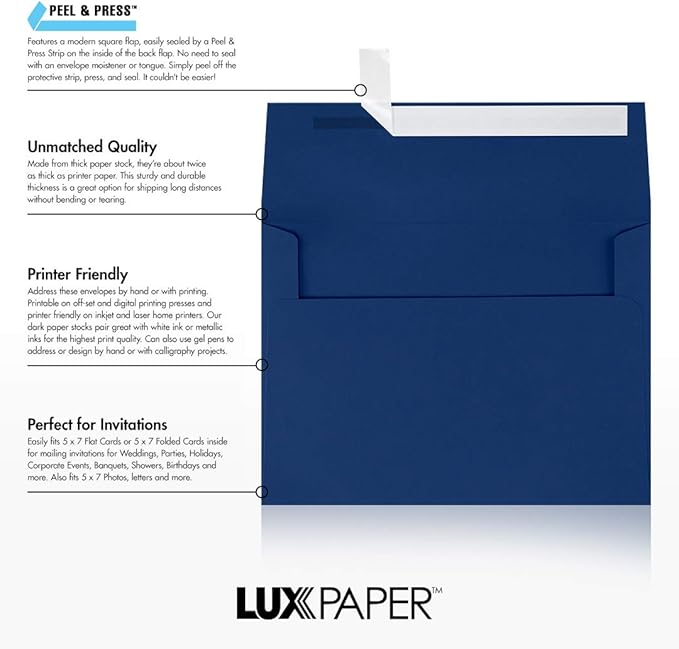 LUXPaper A7 Invitation Envelopes | Peel & Press | 5 1/4" x 7 1/4" | Navy Blue | 80lb. Text | 50 Qty