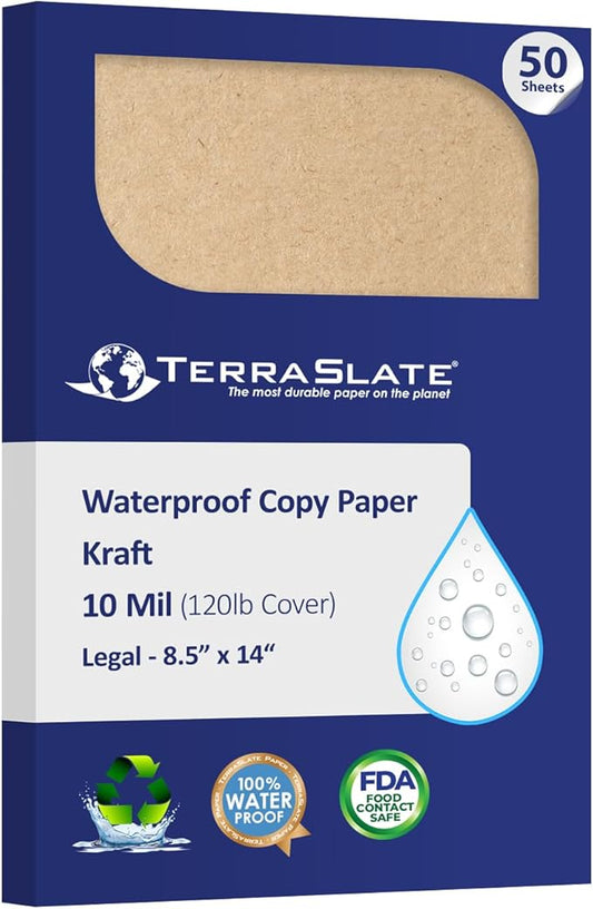 TerraSlate Waterproof, Rip-Proof Colored Paper, Kraft Paper, 50 Sheets, 10 Mil, (120 lb Cover), 8.5” x 14”, Laser Printer and Copy Machine Compatible