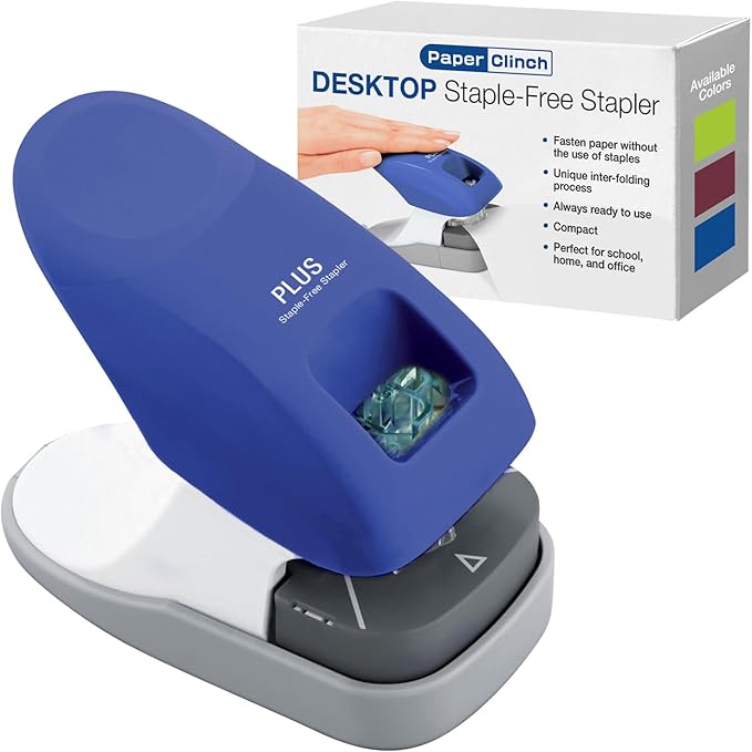 Plus Paper Clinch Desktop Staple-Free Stapler, Blue