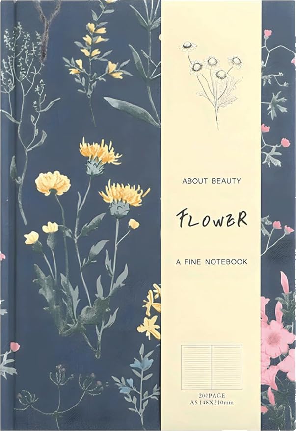 Floral Journal for women, Floret Hardcover Notebook, A5, 6x8, Medium Ruled Notebook, Lay-flat, Linen Journal, Notebooks for School, Writing Journal, Reading Journal, Plant Journal, Navy Blue