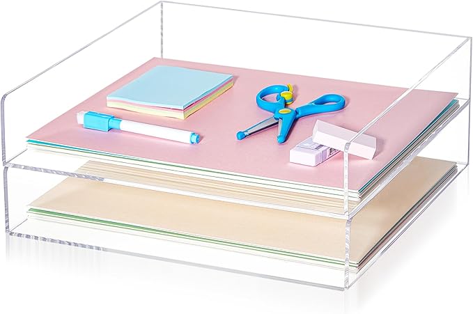 Yulejo 2 Pcs 12.4 x 12.4 x 2.36" Acrylic Desk Organizers Accessories Paper Storage Tier File Office Organizer Tray Stackable Document Clear Desk Accessories for Office Workspace Organization