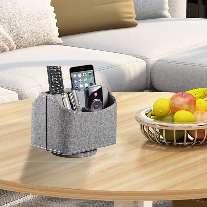 Leather Remote Control Holder 360 Degree Spinning, Desk Organizer for TV Remote Controllers, Caddy,Pen,Calculator,Media Player Storage box (Grey)