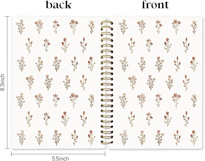 Boho Floral Spiral Notebook Journal, Cottagecore Wildflower Flower Notebooks for Note Taking, Pretty Journals for Women, Hardcover Notebook 5.5x8.3