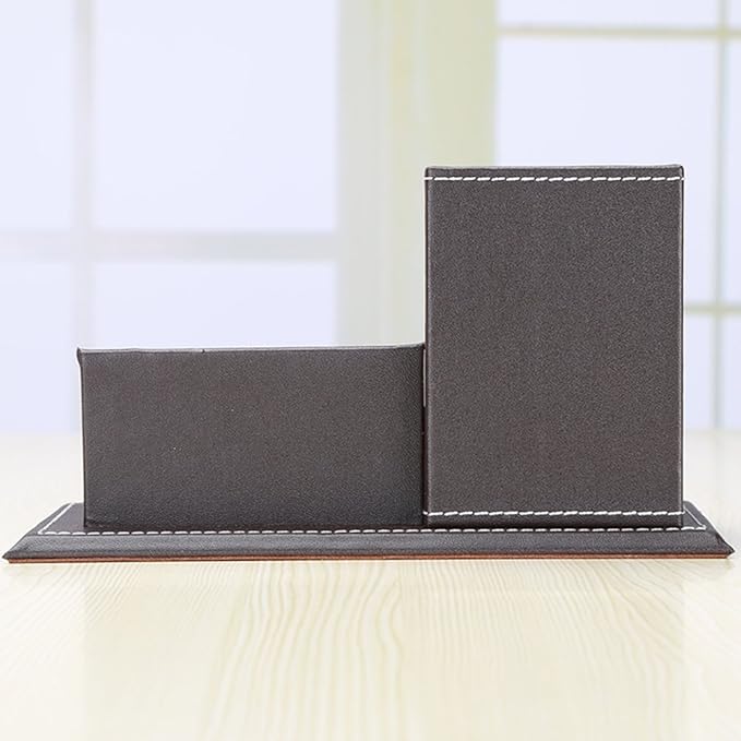 KINGFOM PU Leather Desk Organizer and Accessories, Pencil Holder for Desk with Business Cards Stand, School Office Supplies Collection Caddy Brown