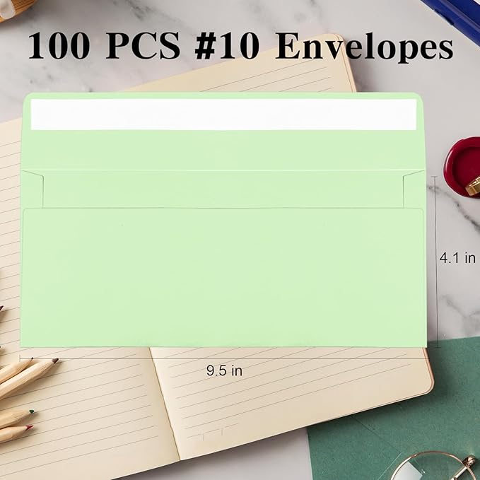 100 Pack Light Green #10 Business Envelopes, Standard Envelopes Self Seal, 4 1/8 x 9 1/2 Inch Letter Size Business Mailing Envelopes for Checks Invoices Statements Baby Shower Wedding Birthday