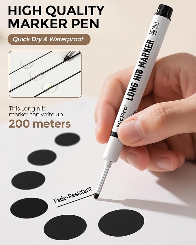 Nicpro 72 PCS Long Nib Marker Pens, 20mm Black Deep Hole Markers Bulk, Quick Dry & Waterproof Construction Marker, Long Head Mark Pens for Metal Steel Tile Glass Carpenter Marking Tool for Woodworking