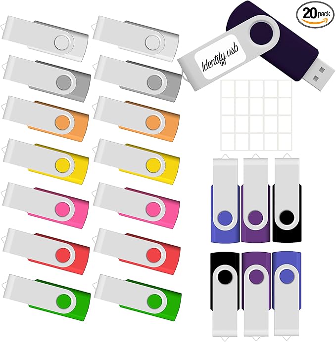 JBOS 8GB USB Flash Drive 20 Pack - 8GB USB Drives - Memory Stick - Swivel - USB2.0 - Pen Drive - Mixed Color