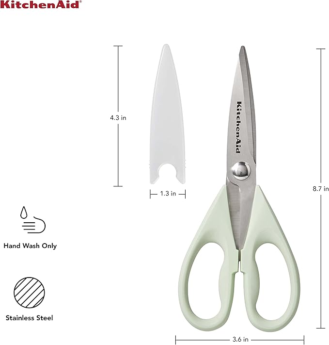 KitchenAid All Purpose Kitchen Shears with Protective Sheath Durable Stainless Steel Scissors, Dishwasher Safe, Soft Grip Comfort Handle, 8.72 Inch, Pistachio