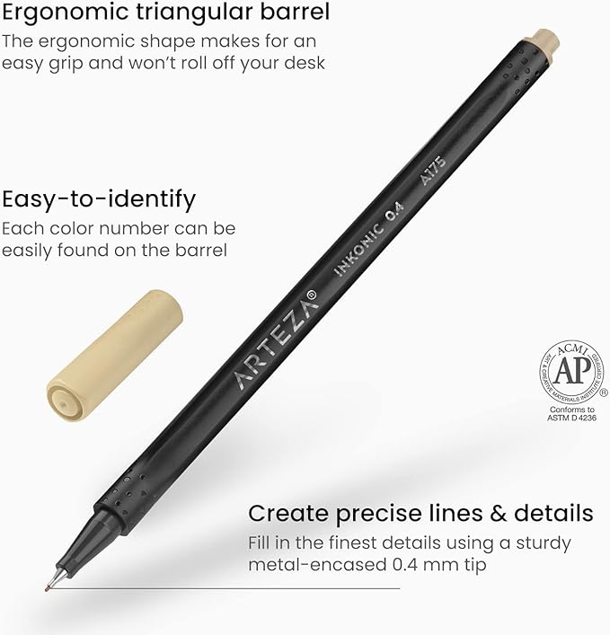 ARTEZA Inkonic Fineliners Pens, Set of 120, 0.4 mm Fine Tip Markers, Water-Based Art Pens for Drawing, Sketching, Journaling, Calligraphy