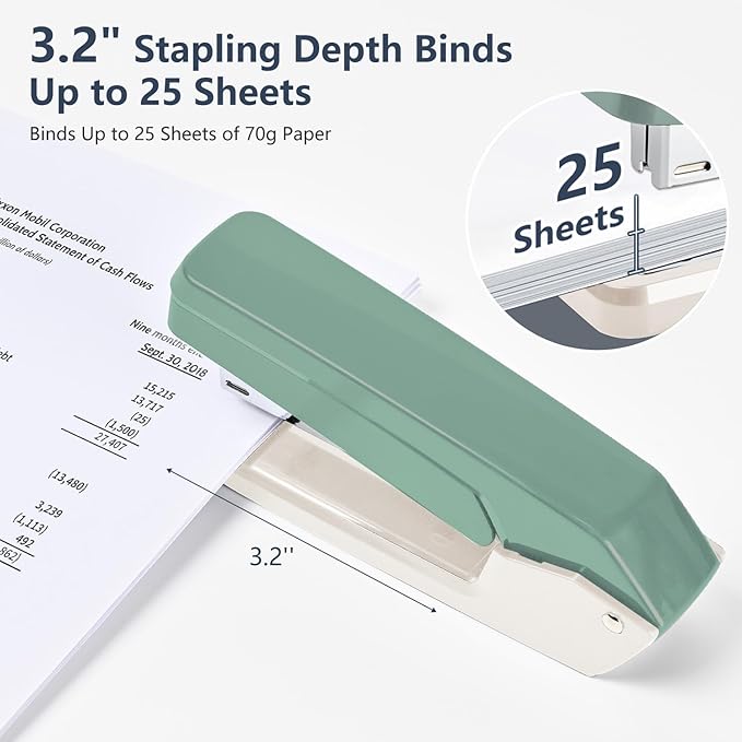MJMX 360° Rotating Swing-Arm Stapler, 25-Sheet Capacity, with 1000 Staples, 8-Position Lock, ABS Durable Design, for Office/Home/School (Green)