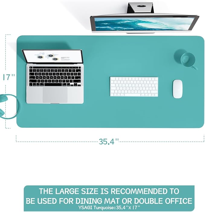 YSAGi Non-Slip Leather Desk Pad L Size, Waterproof Laptop Computer Desk Keyboard Mat, Table Protector Blotter Mat, Large Mouse Pad for Office/Work/Home/Decor(Green Blue, 35.4" x 17")