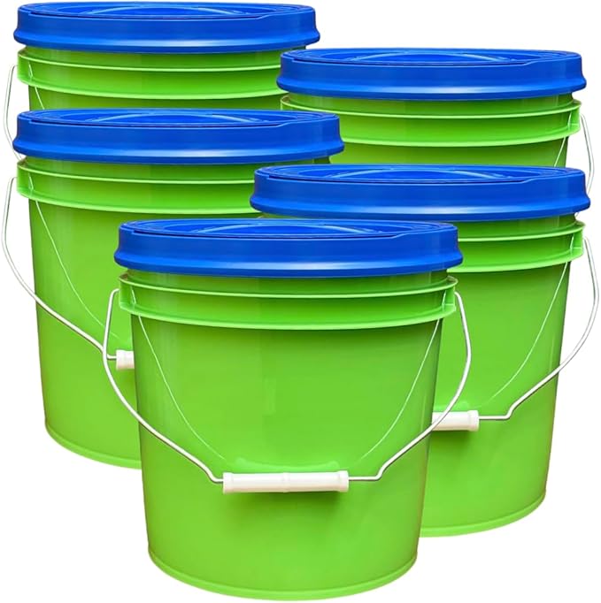 House Naturals 2 Gallon Food Grade - BPA Free Made in USA Buckets Lime Color pails with Screw On Gasket Lids (5, Lime - Blue lids)