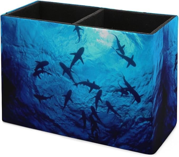 Pen Holder, Pencil Holder for Desk Organizer, Sea Ocean Animal Sharks PU Leather Pencil Cups Desktop Stationery Storage Makeup Brush Holder Pen Organizer for Office Home