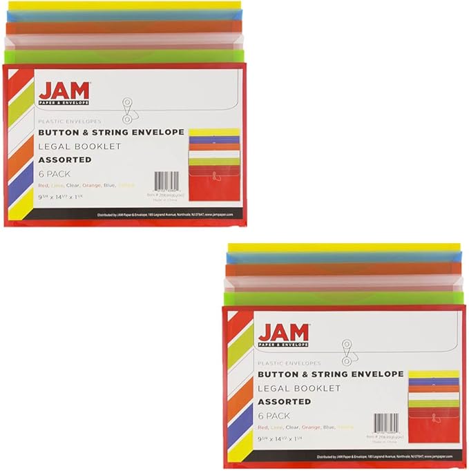 JAM PAPER Plastic Envelopes with Button & String Tie Closure - Legal Booklet - 9 3/4 x 14 1/2 - Assorted Primary Colors - 12/Pack