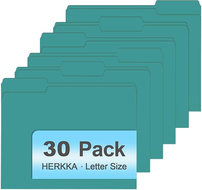 File Folder, HERKKA 30 Pack 1/3 Cut Tab File Folders, File Folders Great for Organizing and Filing, Letter Size, Turquoise