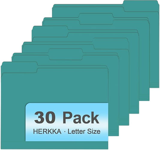 File Folder, HERKKA 30 Pack 1/3 Cut Tab File Folders, File Folders Great for Organizing and Filing, Letter Size, Turquoise