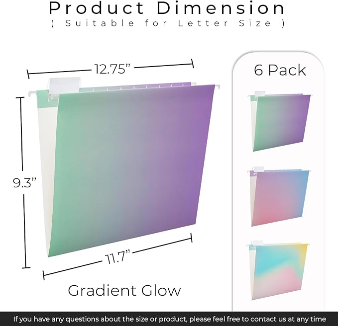 Y YOMA 6 Pack Decorative Hanging File Folders Letter Size Cute Hanging Folder Pretty File Folder Organizer for Filing Cabinet Office Home with 1/5-Cut Adjustable Tabs, Gradient Glow